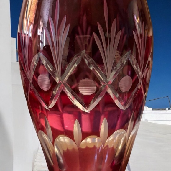 1970 Vintage Cranberry Etched-Crystal Tall Decanter w/Four Matching Tall Glasses - Picture 7 of 11